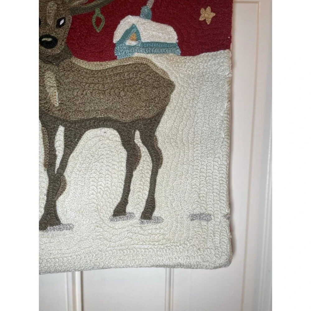 Pottery Barn Christmas Reindeer Embroidered Pillow Cover Red White Used 18x18